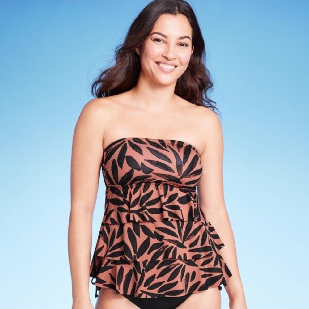 Kona Sol Tiered Bandeau Palm Print Tankini and Bottoms Set